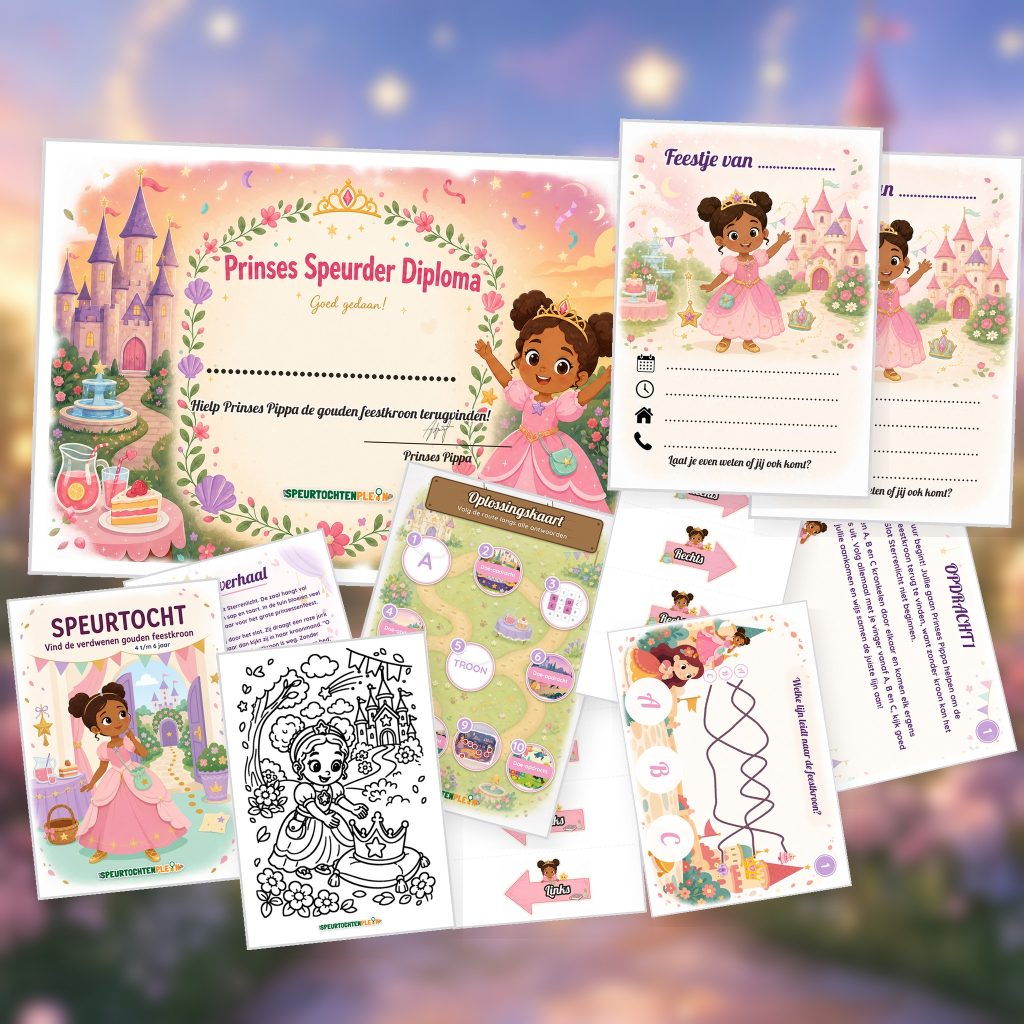 Complete Prinses Speurtocht voor een kinderfeestje met voorblad, opdrachtkaarten, uitnodigingen, diploma en kleurplaat
