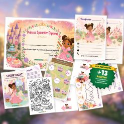 Complete Prinses Speurtocht voor een kinderfeestje met voorblad, opdrachtkaarten, uitnodigingen, diploma en kleurplaat