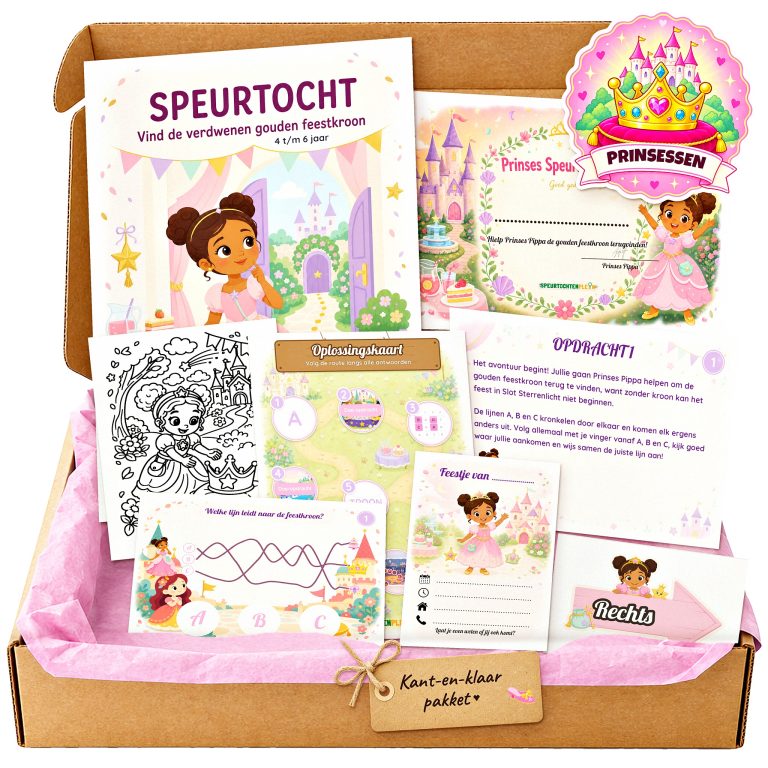 Complete Prinses Speurtocht voor een kinderfeestje met voorblad, opdrachtkaarten, uitnodigingen, diploma en kleurplaat