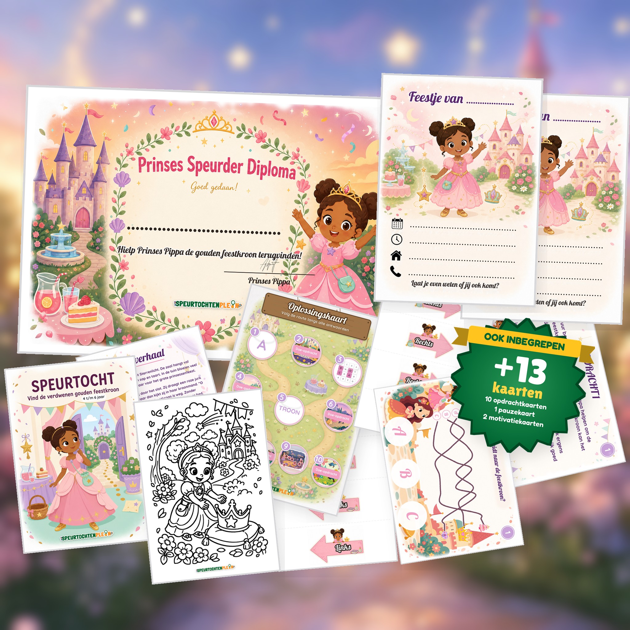 Complete Prinses Speurtocht voor een kinderfeestje met voorblad, opdrachtkaarten, uitnodigingen, diploma en kleurplaat