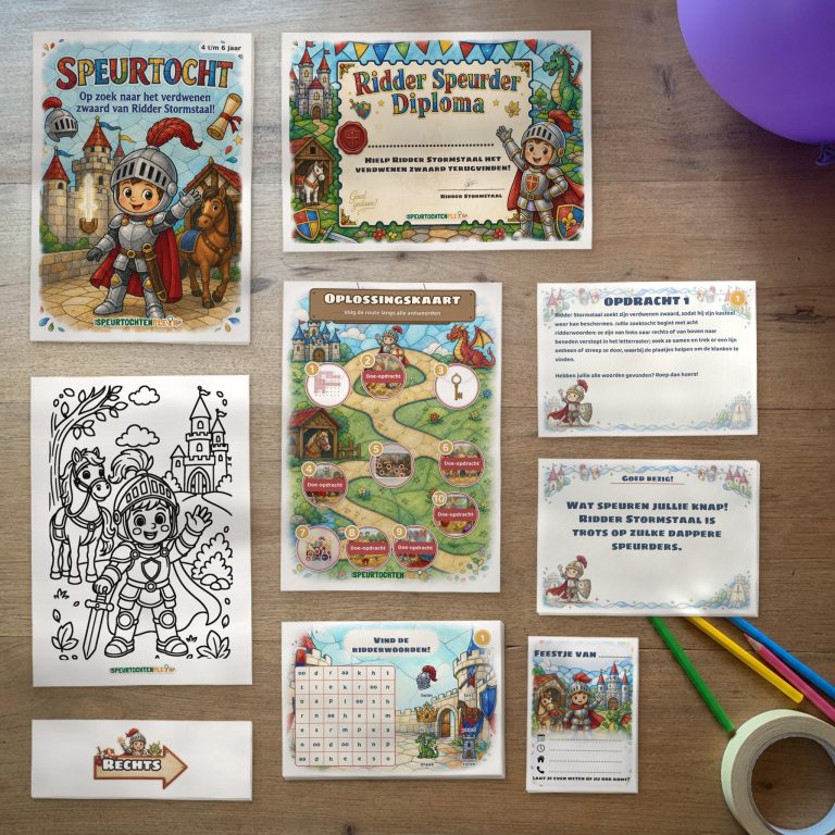 Alle onderdelen van de Ridder Speurtocht op tafel: voorblad, diploma, oplossingskaart, kleurplaat, opdrachtkaarten, speluitleg, uitnodigingen en pijlen