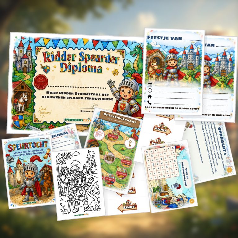 Overzicht van de Ridder Speurtocht met voorblad, verhaal, opdrachtkaart, speluitleg, uitnodigingen, oplossingskaart, kleurplaat, pijlen en diploma