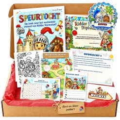 Complete Ridder Speurtocht voor een kinderfeestje met voorblad, opdrachtkaarten, uitnodigingen, diploma en kleurplaat