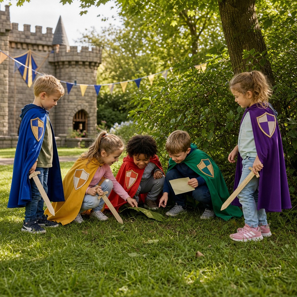 Kinderen zoeken samen naar aanwijzingen bij de Ridder Speurtocht