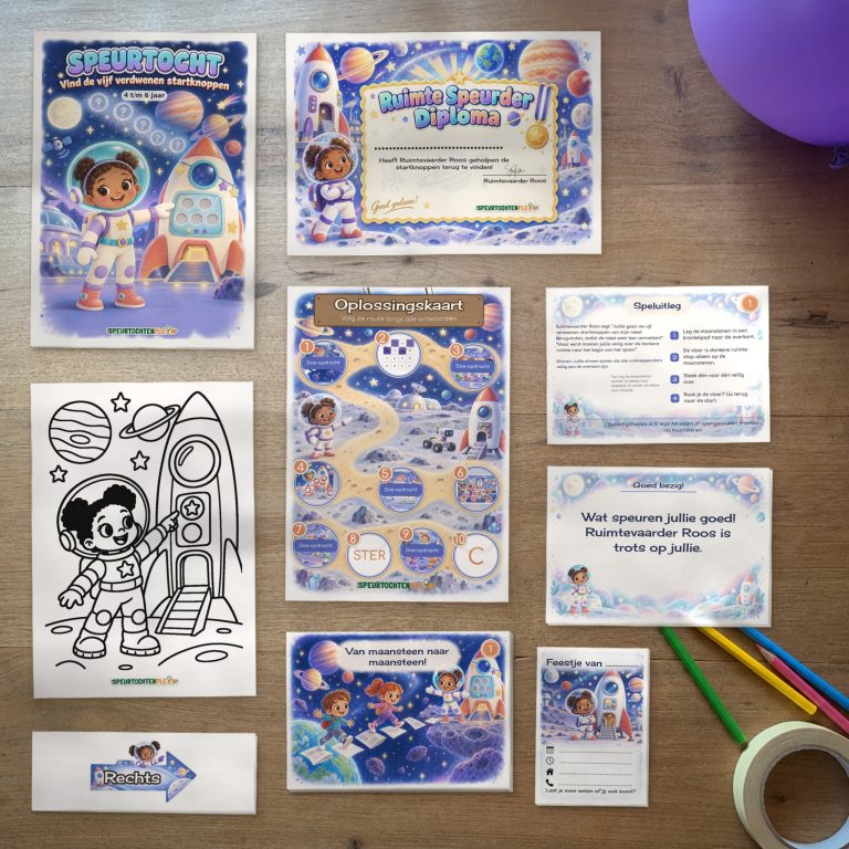 Alle onderdelen van de Ruimte Speurtocht op tafel: voorblad, diploma, oplossingskaart, kleurplaat, opdrachtkaarten, speluitleg, uitnodigingen en pijlen