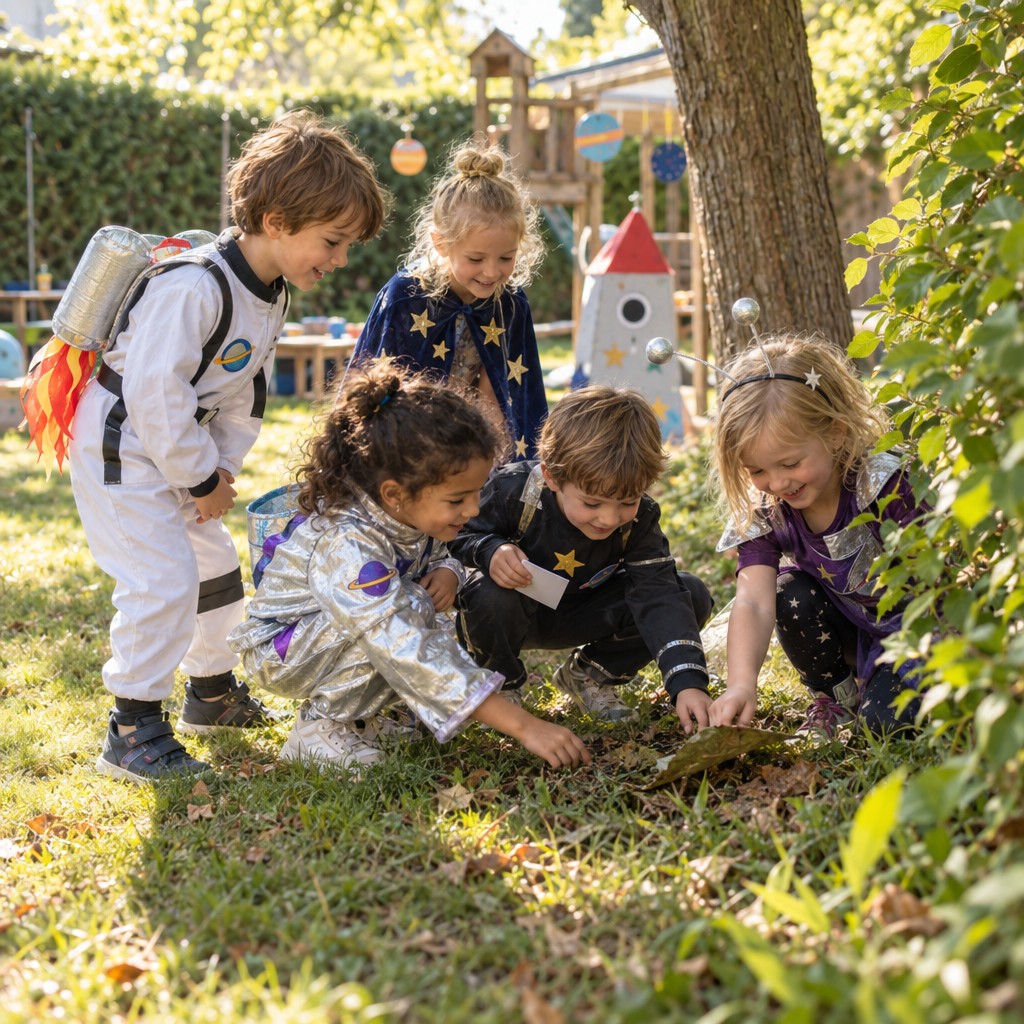 Kinderen zoeken samen naar aanwijzingen bij de Ruimte Speurtocht