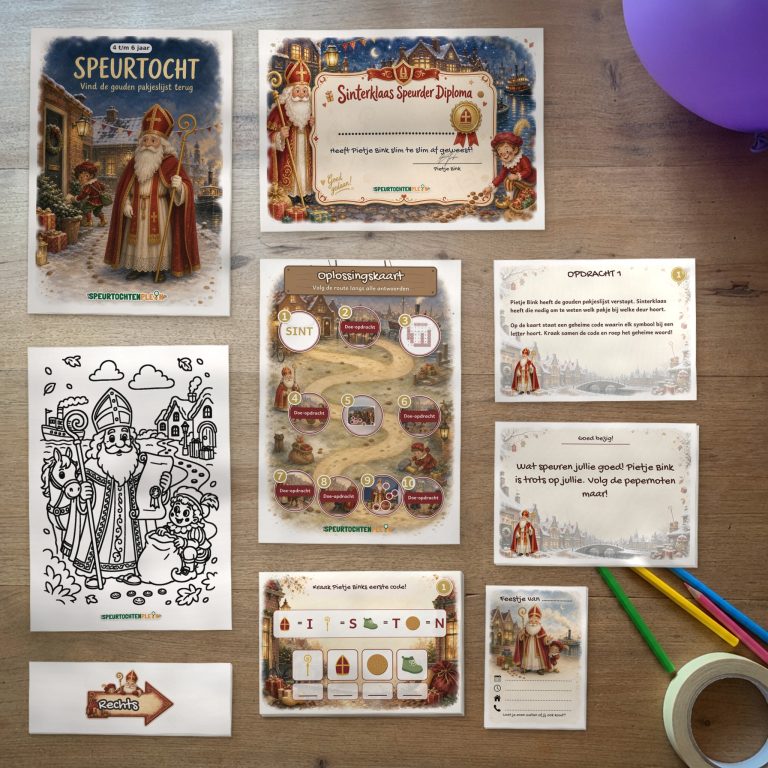 Alle onderdelen van de Sinterklaas Speurtocht op tafel: voorblad, diploma, oplossingskaart, kleurplaat, opdrachtkaarten, speluitleg, uitnodigingen en pijlen
