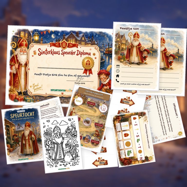 Overzicht van de Sinterklaas Speurtocht met voorblad, verhaal, opdrachtkaart, speluitleg, uitnodigingen, oplossingskaart, kleurplaat, pijlen en diploma