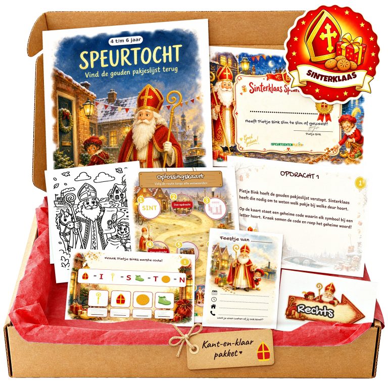 Complete Sinterklaas Speurtocht voor een kinderfeestje met voorblad, opdrachtkaarten, uitnodigingen, diploma en kleurplaat