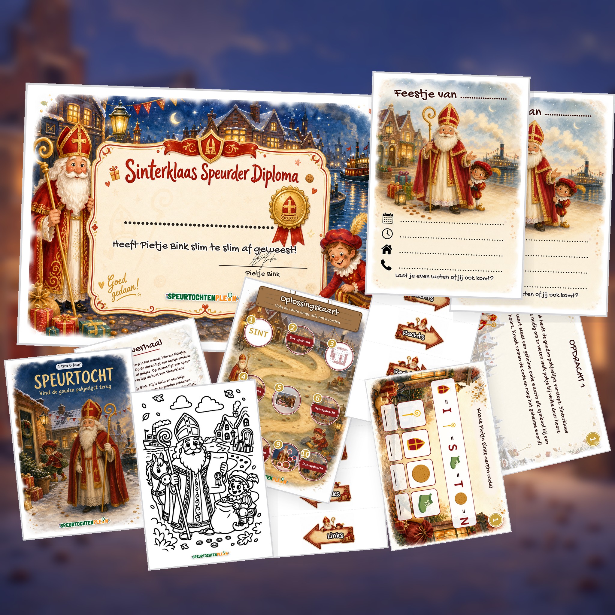 Complete Sinterklaas Speurtocht voor een kinderfeestje met voorblad, opdrachtkaarten, uitnodigingen, diploma en kleurplaat