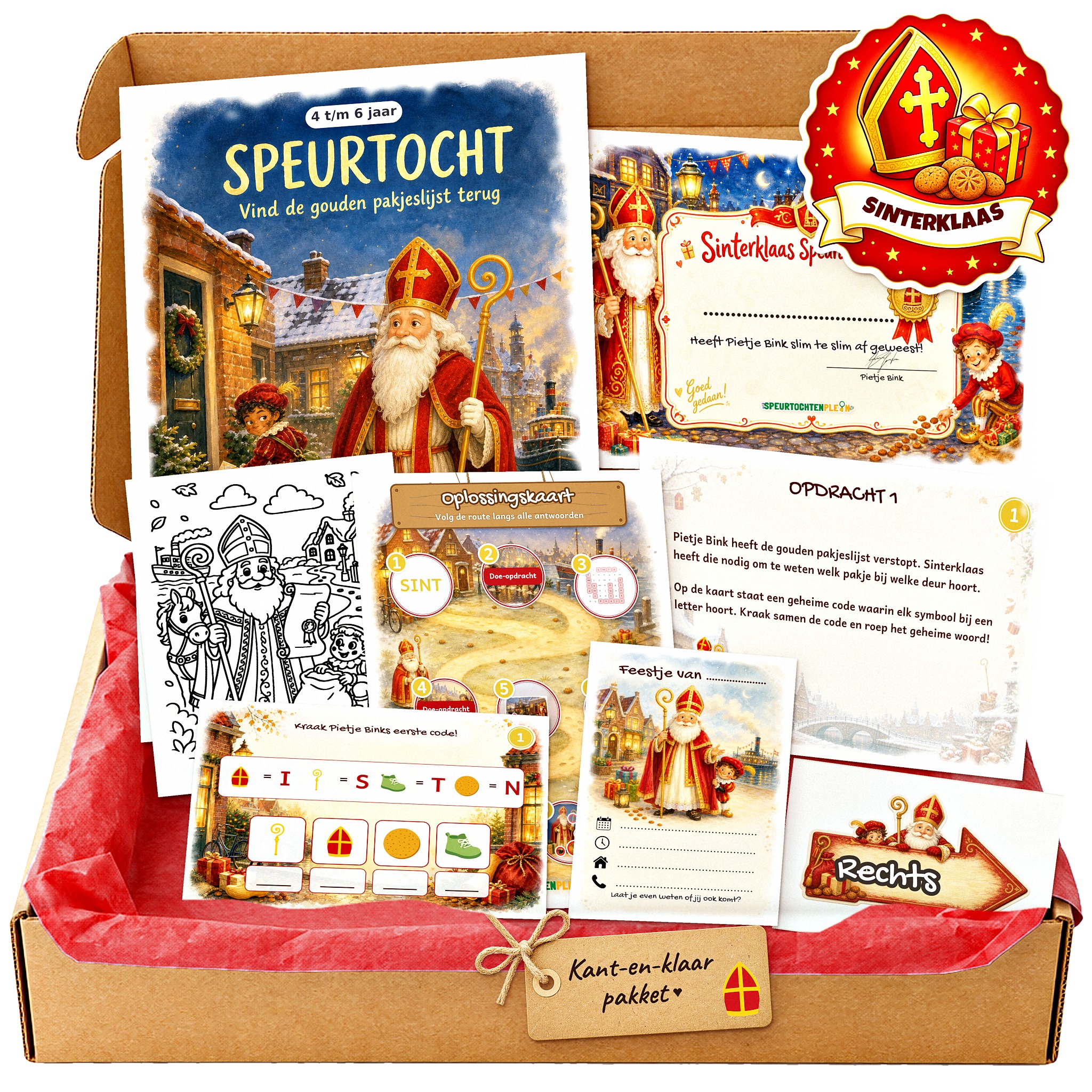 Complete Sinterklaas Speurtocht voor een kinderfeestje met voorblad, opdrachtkaarten, uitnodigingen, diploma en kleurplaat