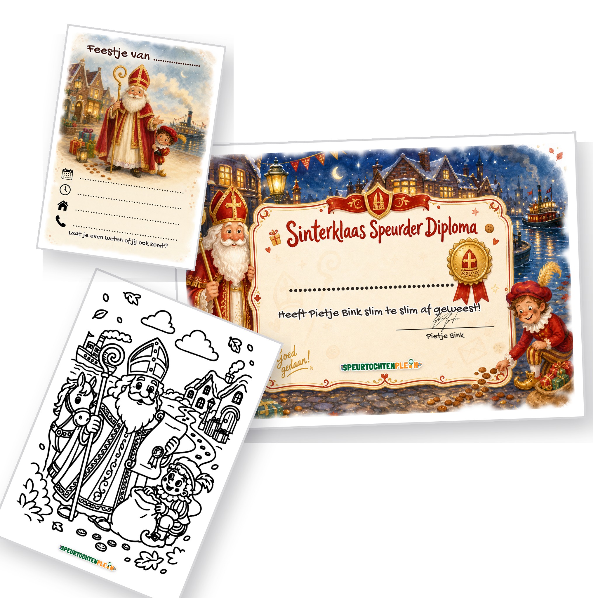 Uitnodiging, diploma en kleurplaat van de Sinterklaas Speurtocht