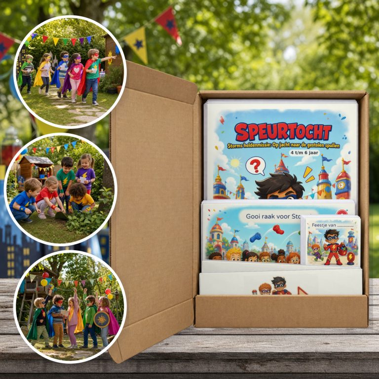 Superhelden Speurtocht als brievenbuspakket, met foto's van kinderen op speurtocht