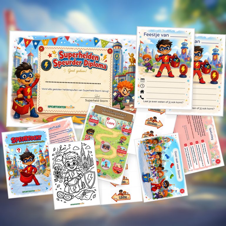 Overzicht van de Superhelden Speurtocht met voorblad, verhaal, opdrachtkaart, speluitleg, uitnodigingen, oplossingskaart, kleurplaat, pijlen en diploma