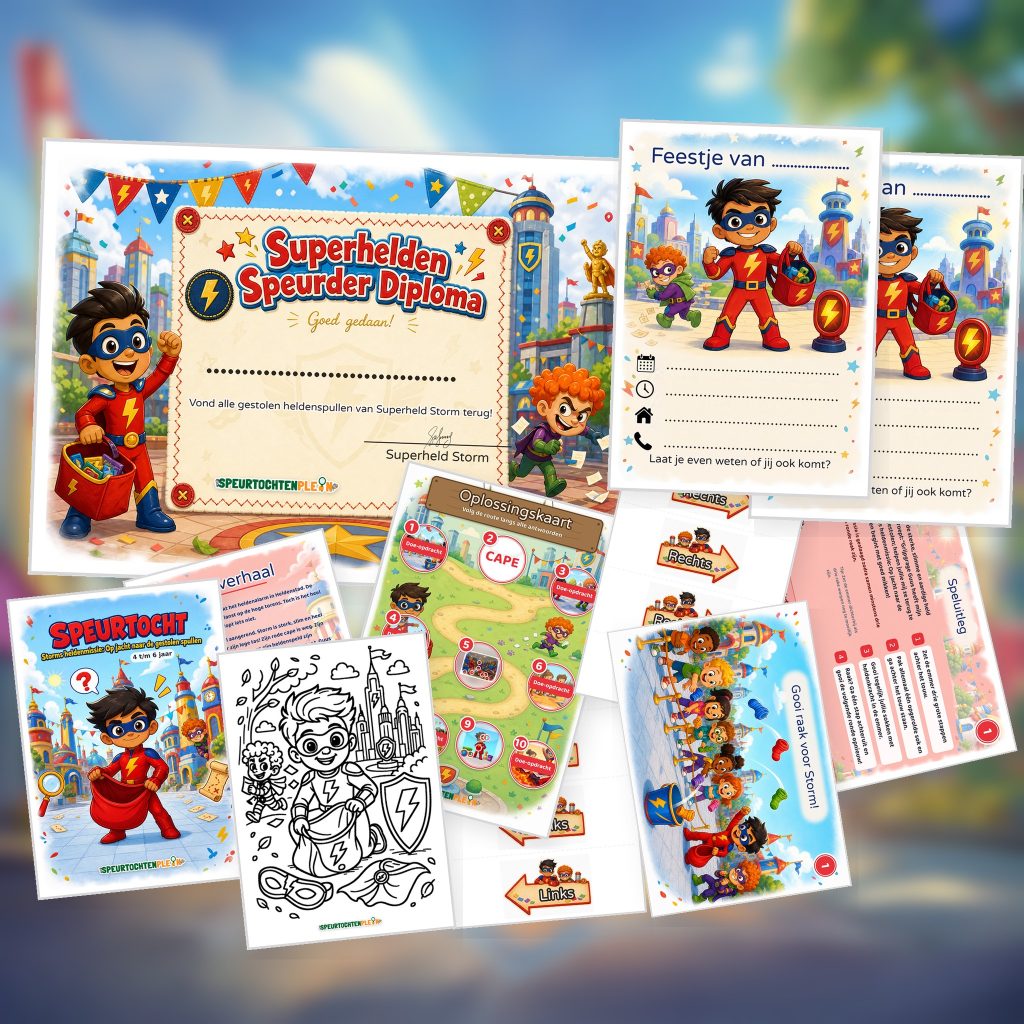 Complete Superhelden Speurtocht voor een kinderfeestje met voorblad, opdrachtkaarten, uitnodigingen, diploma en kleurplaat