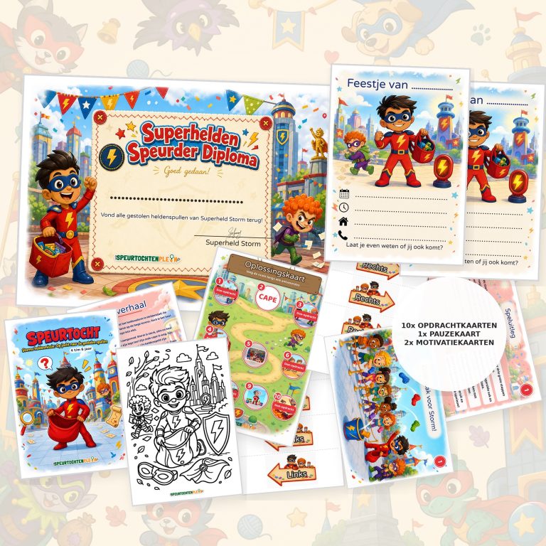 Complete Superhelden Speurtocht voor een kinderfeestje met voorblad, opdrachtkaarten, uitnodigingen, diploma en kleurplaat