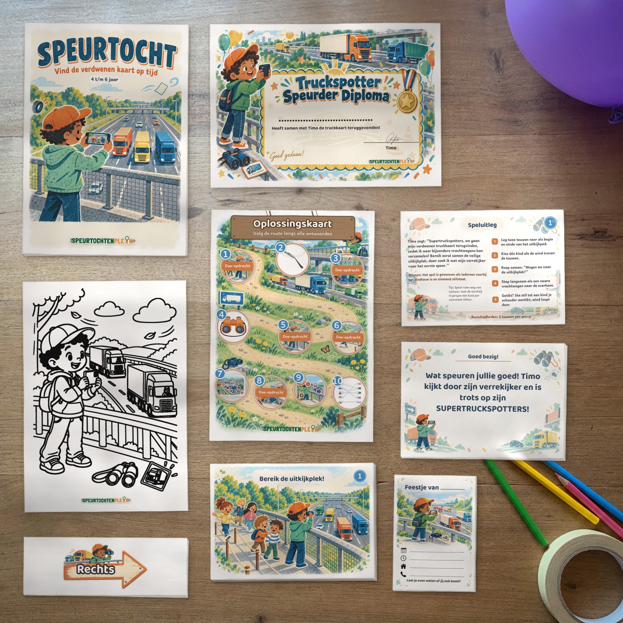 Alle onderdelen van de Truckspotter Speurtocht op tafel: voorblad, diploma, oplossingskaart, kleurplaat, opdrachtkaarten, speluitleg, uitnodigingen en pijlen