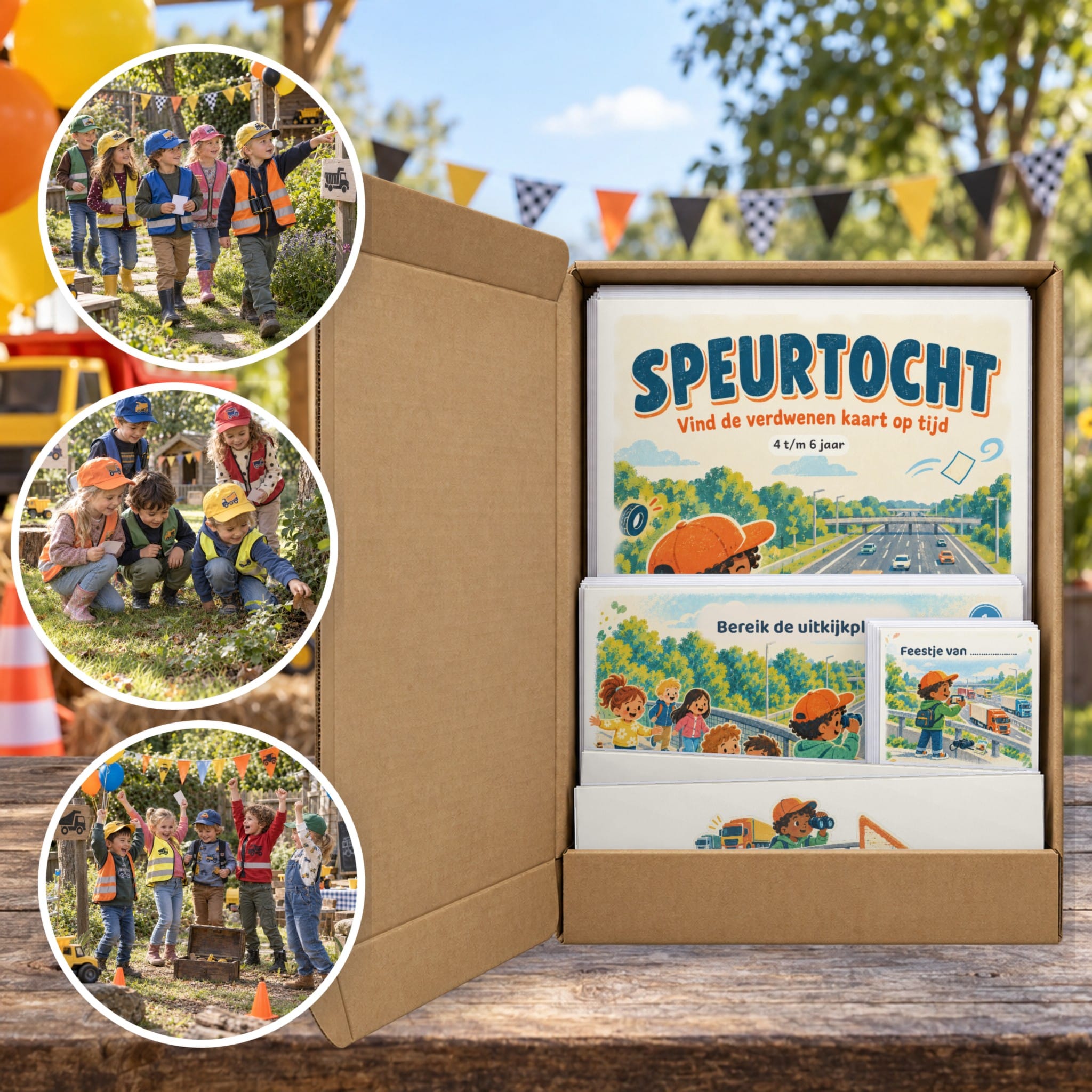 Truckspotter Speurtocht als brievenbuspakket, met foto's van kinderen op speurtocht
