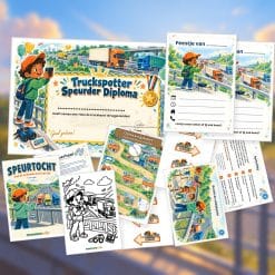 Overzicht van de Truckspotter Speurtocht met voorblad, verhaal, opdrachtkaart, speluitleg, uitnodigingen, oplossingskaart, kleurplaat, pijlen en diploma