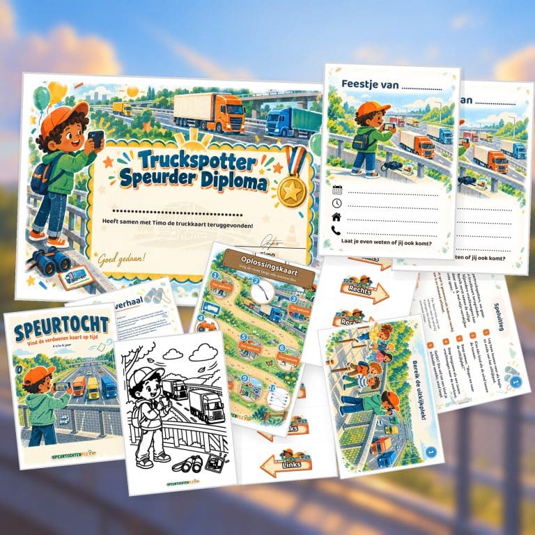 Overzicht van de Truckspotter Speurtocht met voorblad, verhaal, opdrachtkaart, speluitleg, uitnodigingen, oplossingskaart, kleurplaat, pijlen en diploma