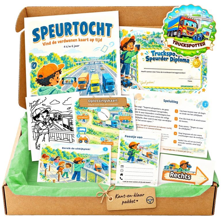 Complete Truckspotter Speurtocht voor een kinderfeestje met voorblad, opdrachtkaarten, uitnodigingen, diploma en kleurplaat
