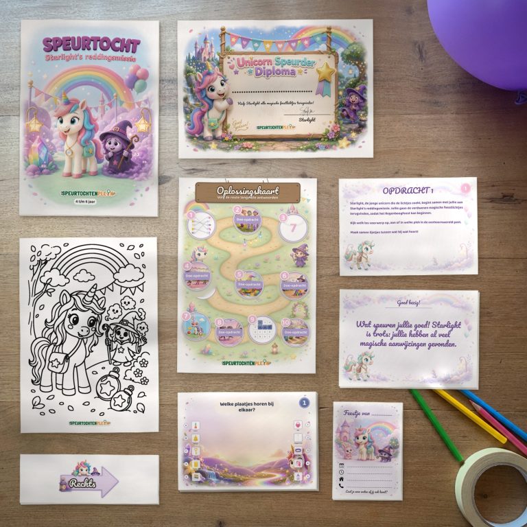 Alle onderdelen van de Unicorn Speurtocht op tafel: voorblad, diploma, oplossingskaart, kleurplaat, opdrachtkaarten, speluitleg, uitnodigingen en pijlen