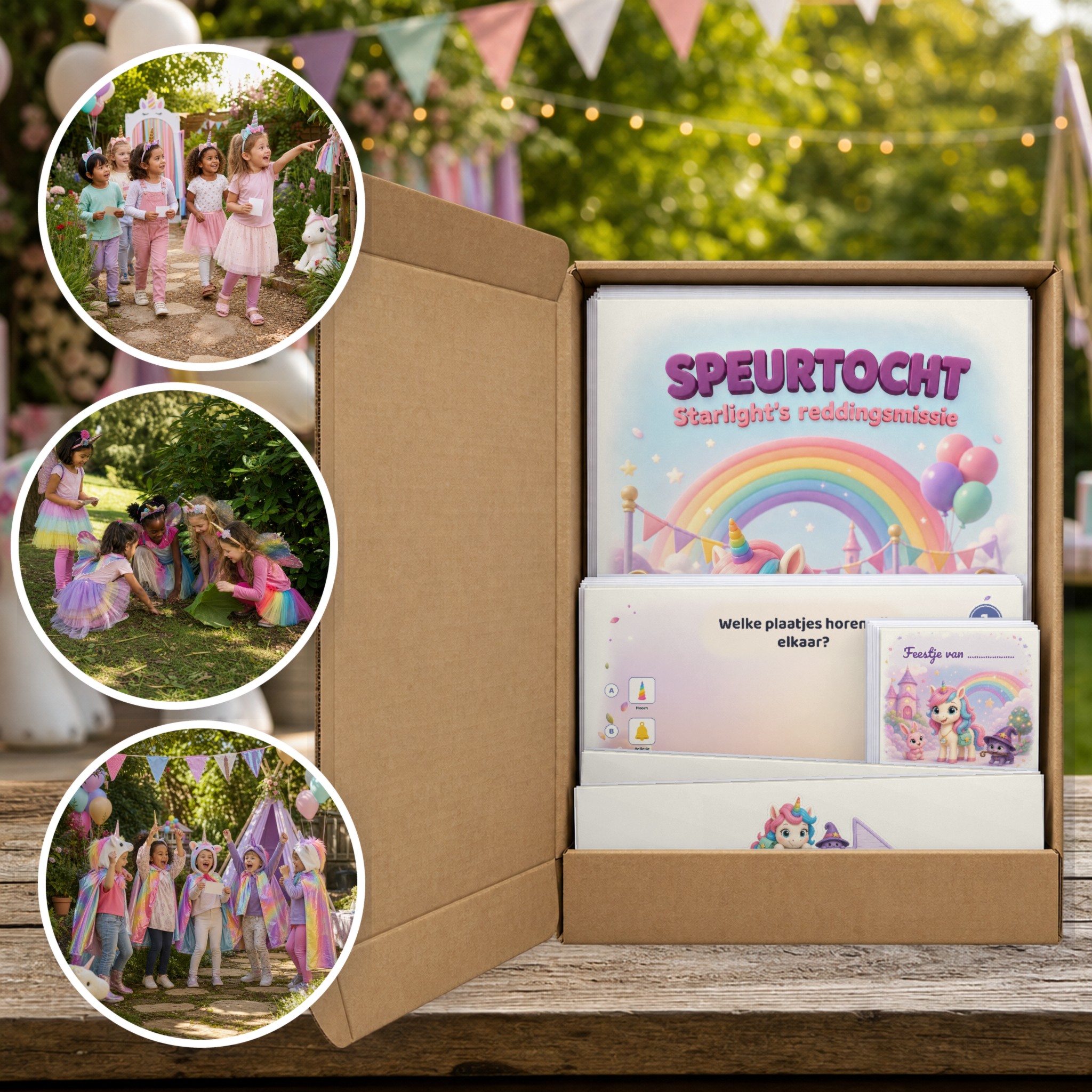 Unicorn Speurtocht als brievenbuspakket, met foto's van kinderen op speurtocht