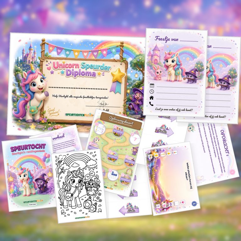 Overzicht van de Unicorn Speurtocht met voorblad, verhaal, opdrachtkaart, speluitleg, uitnodigingen, oplossingskaart, kleurplaat, pijlen en diploma
