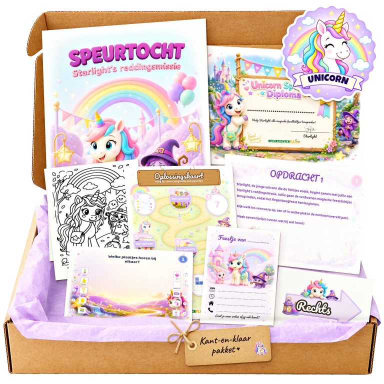 Complete Unicorn Speurtocht voor een kinderfeestje met voorblad, opdrachtkaarten, uitnodigingen, diploma en kleurplaat