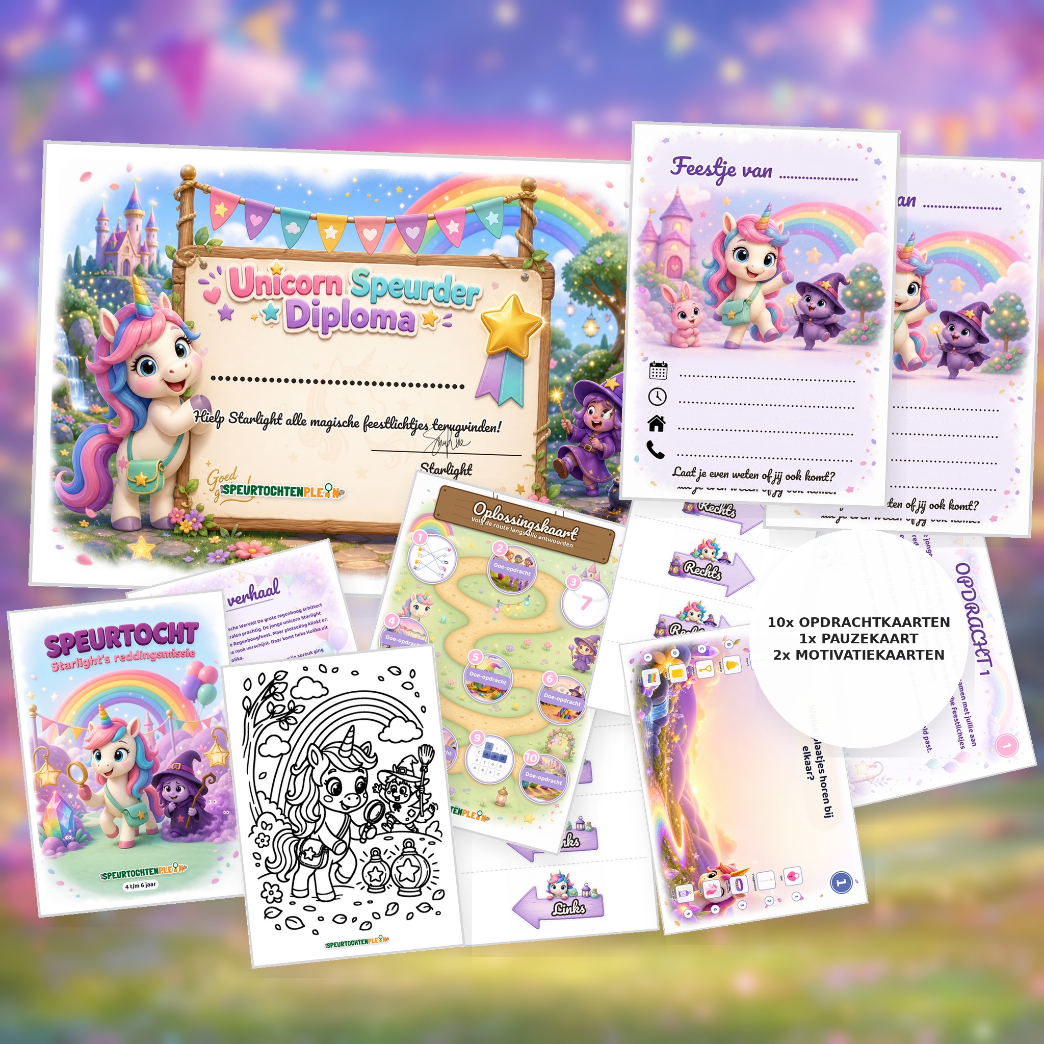 Complete Unicorn Speurtocht voor een kinderfeestje met voorblad, opdrachtkaarten, uitnodigingen, diploma en kleurplaat