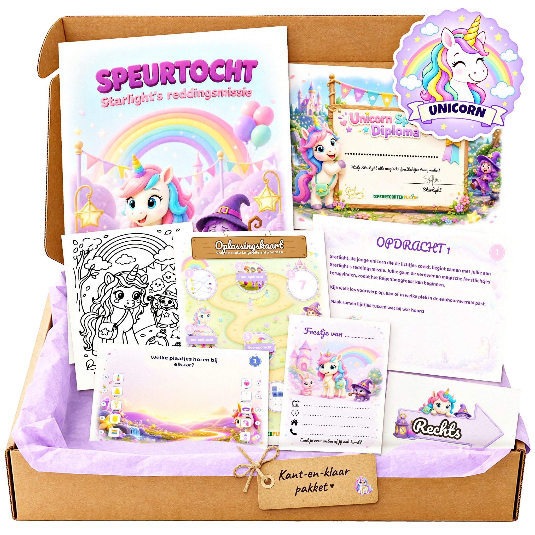 Complete Unicorn Speurtocht voor een kinderfeestje met voorblad, opdrachtkaarten, uitnodigingen, diploma en kleurplaat