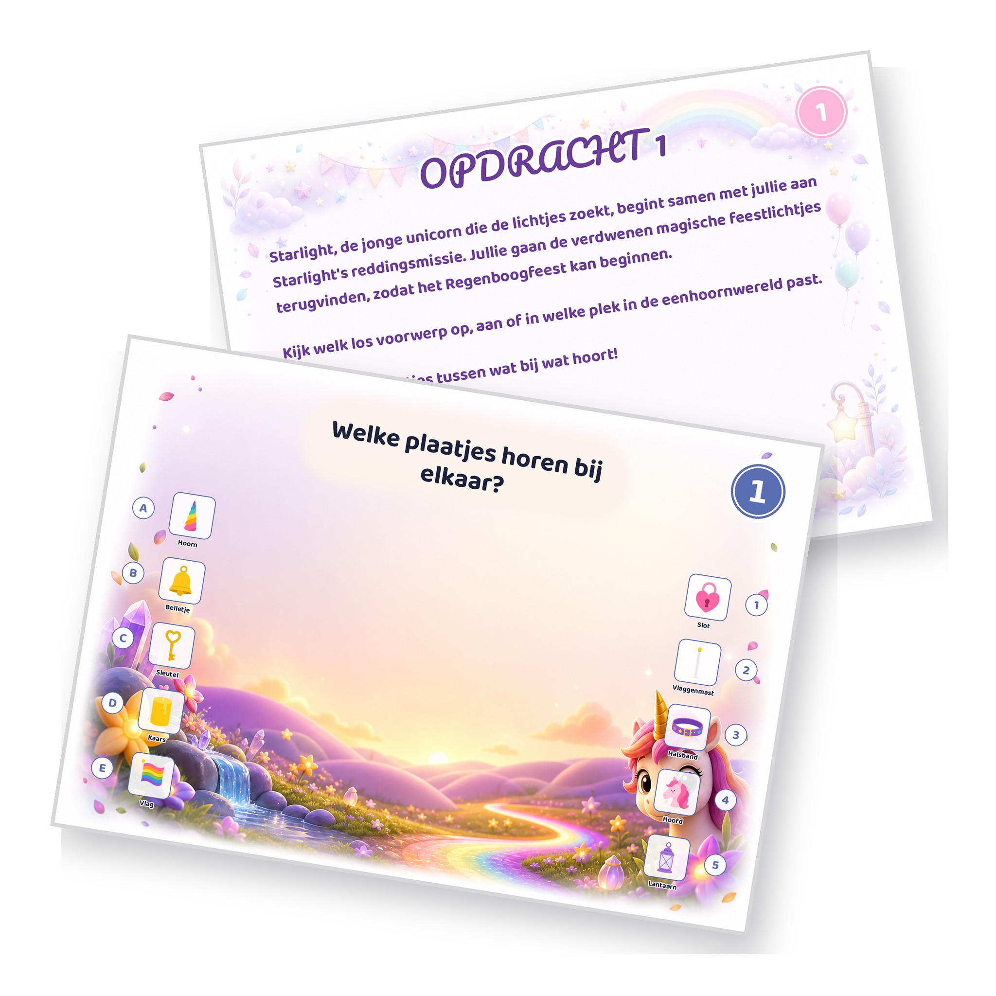 Voorbeeld van een opdrachtkaart met speluitleg uit de Unicorn Speurtocht