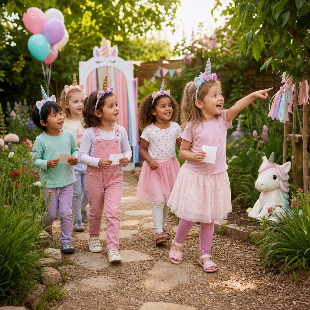 Kinderen op speurtocht tijdens een Unicorn Speurtocht kinderfeestje