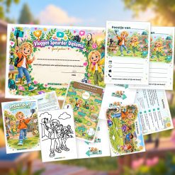 Overzicht van de Vloggen Speurtocht met voorblad, verhaal, opdrachtkaart, speluitleg, uitnodigingen, oplossingskaart, kleurplaat, pijlen en diploma