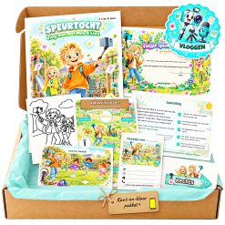 Complete Vloggen Speurtocht voor een kinderfeestje met voorblad, opdrachtkaarten, uitnodigingen, diploma en kleurplaat