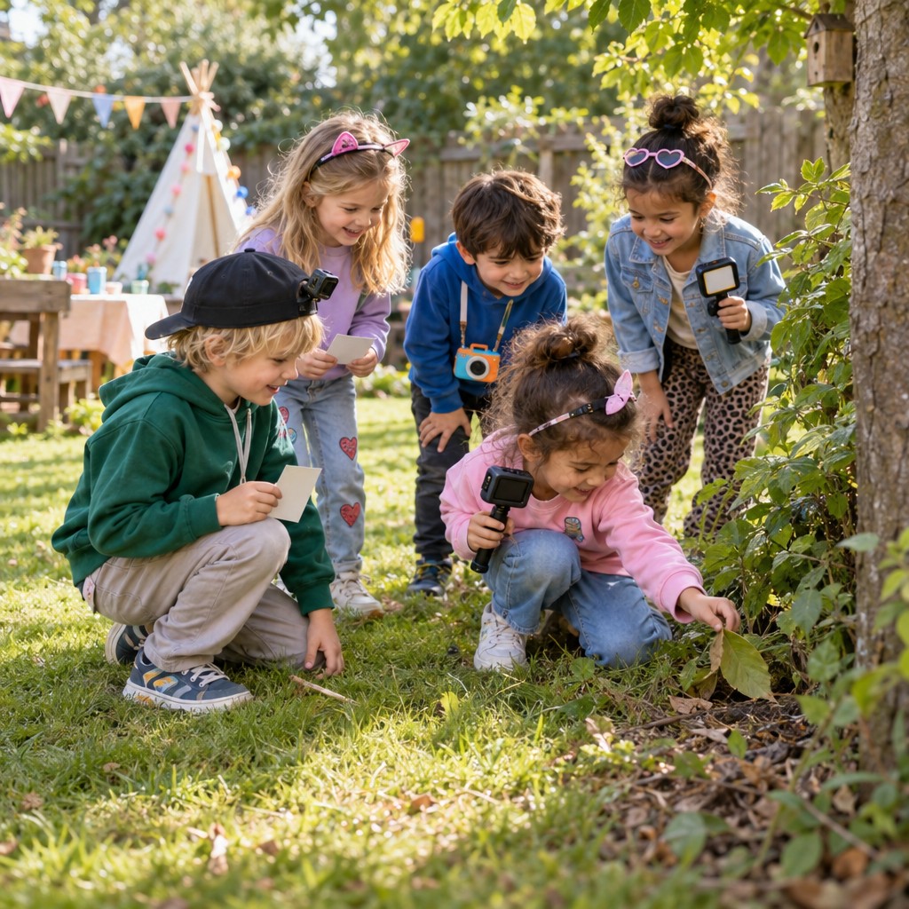 Kinderen zoeken samen naar aanwijzingen bij de Vloggen Speurtocht