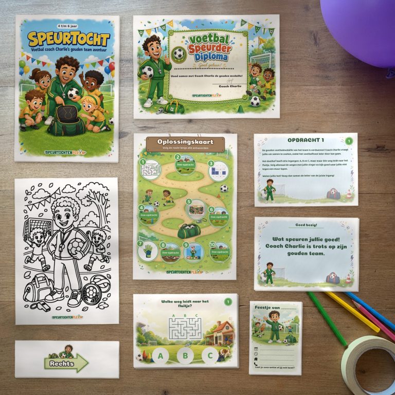 Alle onderdelen van de voetbal Speurtocht op tafel: voorblad, diploma, oplossingskaart, kleurplaat, opdrachtkaarten, speluitleg, uitnodigingen en pijlen