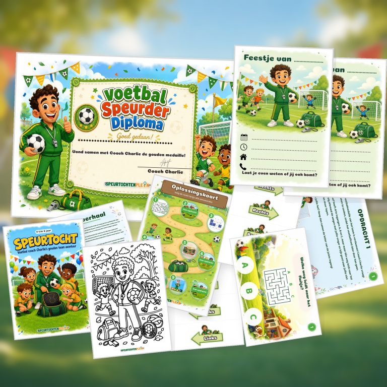 Overzicht van de voetbal Speurtocht met voorblad, verhaal, opdrachtkaart, speluitleg, uitnodigingen, oplossingskaart, kleurplaat, pijlen en diploma