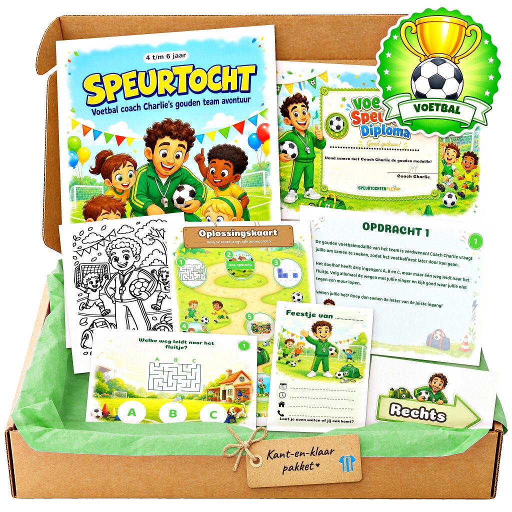 Complete voetbal Speurtocht voor een kinderfeestje met voorblad, opdrachtkaarten, uitnodigingen, diploma en kleurplaat