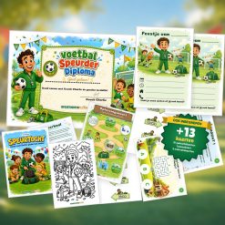 Complete voetbal Speurtocht voor een kinderfeestje met voorblad, opdrachtkaarten, uitnodigingen, diploma en kleurplaat