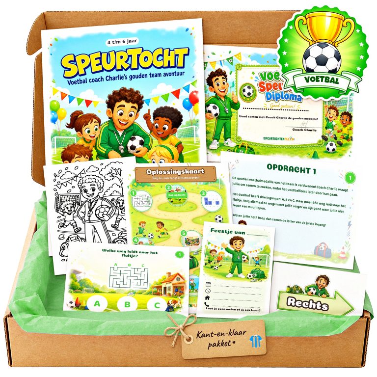 Complete voetbal Speurtocht voor een kinderfeestje met voorblad, opdrachtkaarten, uitnodigingen, diploma en kleurplaat
