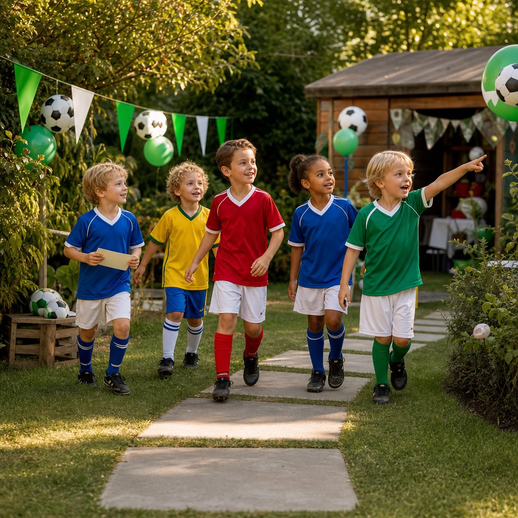Kinderen op speurtocht tijdens een voetbal Speurtocht kinderfeestje