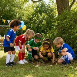 Kinderen zoeken samen naar aanwijzingen bij de voetbal Speurtocht