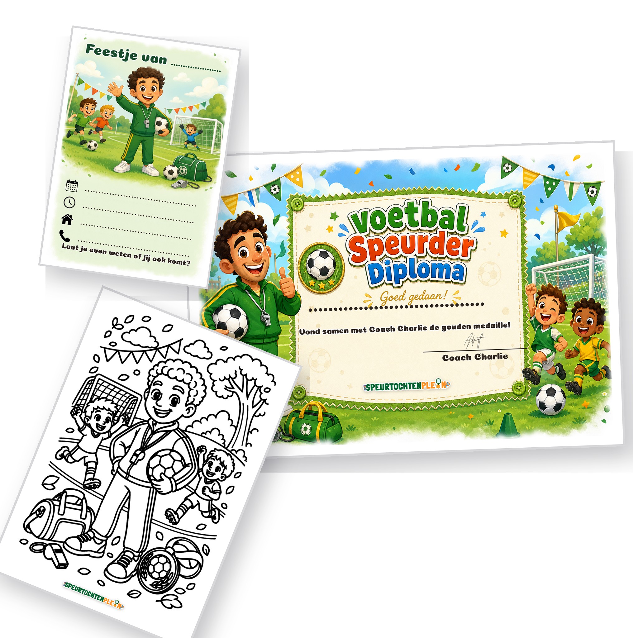 Uitnodiging, diploma en kleurplaat van de voetbal Speurtocht