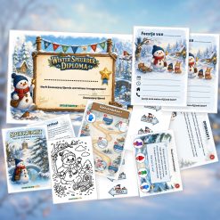 Overzicht van de Winter Speurtocht met voorblad, verhaal, opdrachtkaart, speluitleg, uitnodigingen, oplossingskaart, kleurplaat, pijlen en diploma
