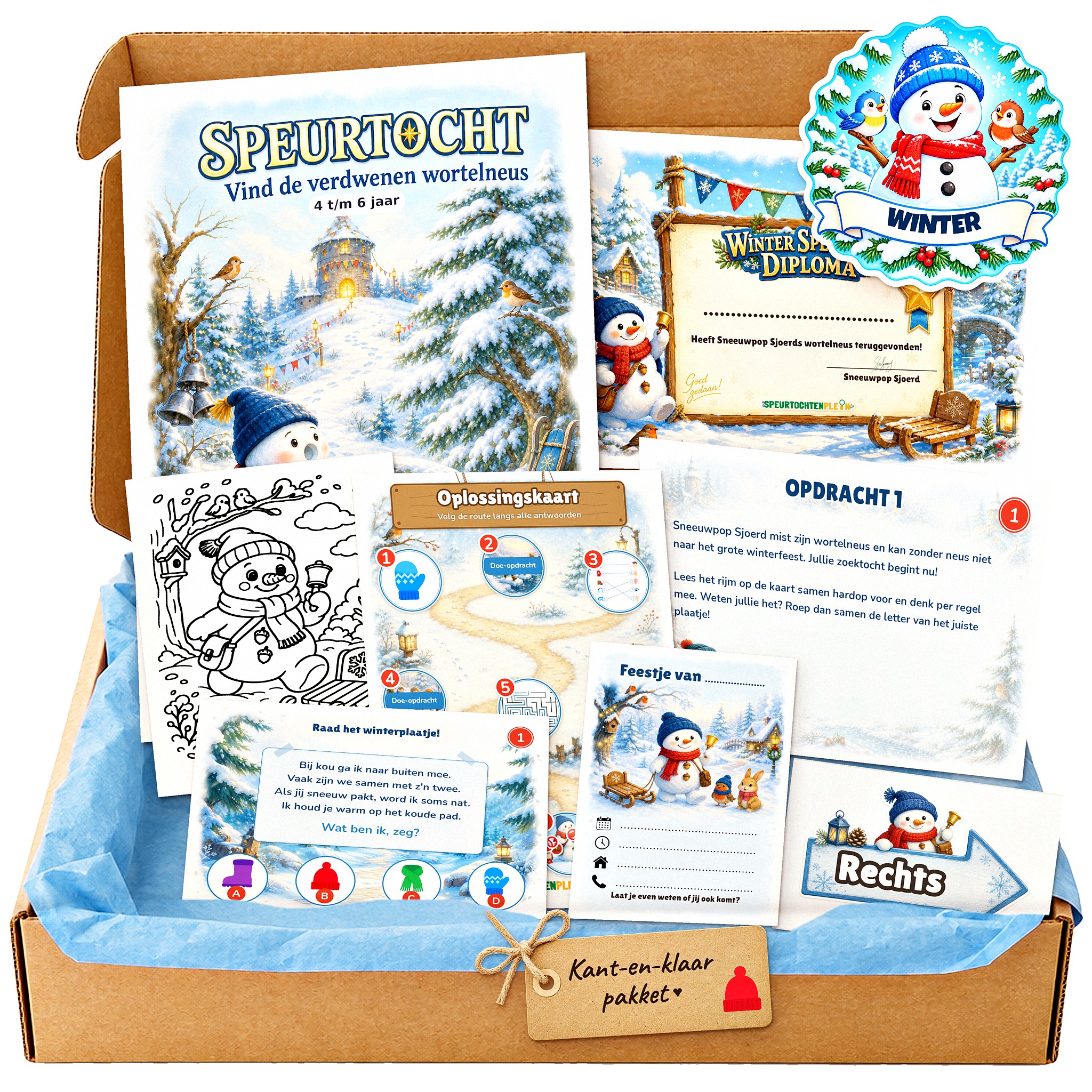 Complete Winter Speurtocht voor een kinderfeestje met voorblad, opdrachtkaarten, uitnodigingen, diploma en kleurplaat