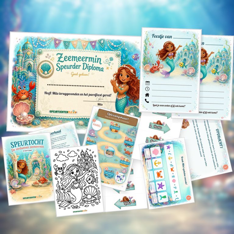 Overzicht van de Zeemeermin Speurtocht met voorblad, verhaal, opdrachtkaart, speluitleg, uitnodigingen, oplossingskaart, kleurplaat, pijlen en diploma