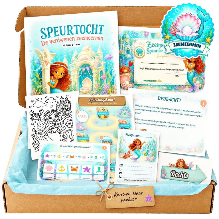 Complete Zeemeermin Speurtocht voor een kinderfeestje met voorblad, opdrachtkaarten, uitnodigingen, diploma en kleurplaat